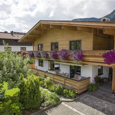 Ein schönes Holzhaus mit Balkon und bunten Blumenkästen. Der Garten ist üppig mit grünen Pflanzen und Bäumen.
