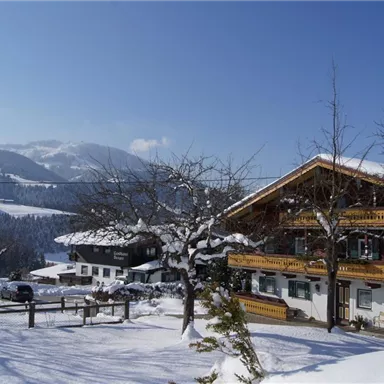 A picturesque winter landscape with snow-covered mountains and traditional wooden houses. The scene exudes tranquility and idyll.