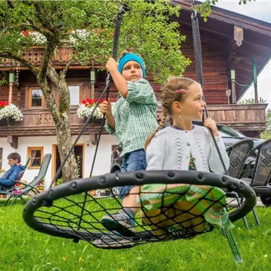 Kinder spielen auf einer Schaukel im Freien. Im Hintergrund sieht man ein traditionelles Holzhaus mit Blumen.