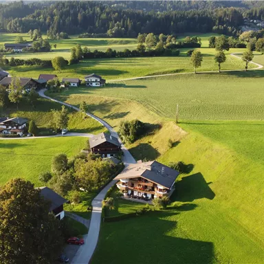 Eine idyllische Landschaft mit grünen Wiesen und verstreuten Häusern. Sanfte Hügel und ein klarer Himmel prägen die Szene.