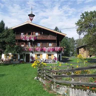 A traditional chalet with a wooden facade and colorful flower balconies. Surrounded by green meadows and trees, the environment radiates a rural idyll.