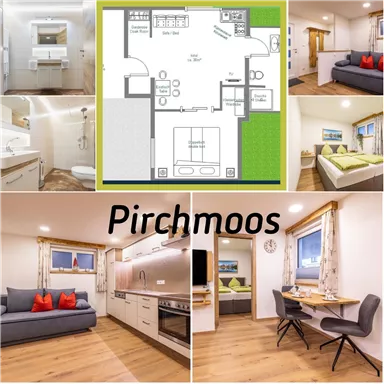 A modern holiday apartment with an open living area, a fully equipped kitchen, and cozy furnishings. The floor plan is clearly visible and shows a well-thought-out layout.