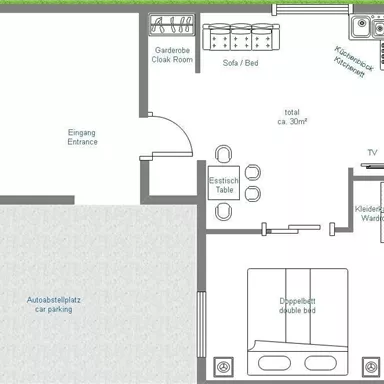 A floor plan of a small living space with a kitchen, bathroom, and a sleeping area. The plan shows different rooms and their arrangement in relation to each other.