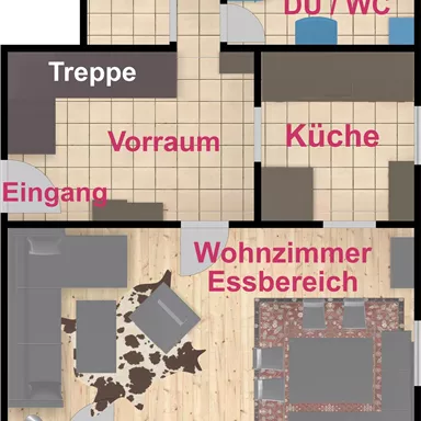 Ein Grundriss einer Wohnung mit verschiedenen Bereichen. Die Räume sind beschriftet, einschließlich Küche, Wohnzimmer, und Terrasse.