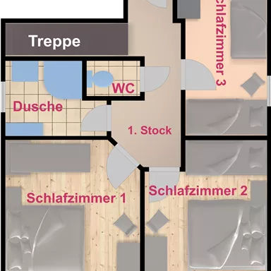 Das Bild zeigt einen Grundriss eines Hauses im ersten Stock. Es sind drei Schlafzimmer, ein Badezimmer mit Dusche und ein WC eingezeichnet.