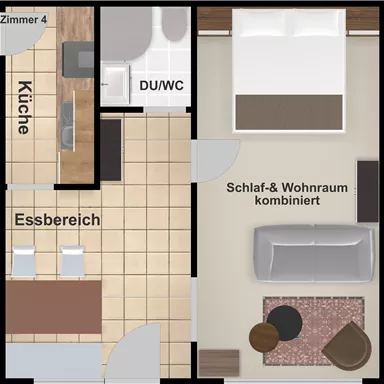 Eine Wohnungsgrundriss mit einem kombinierte Schlaf- und Wohnzimmer sowie einem separaten Essbereich und einer Küche. Die Bereiche sind klar voneinander getrennt.
