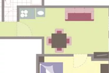 Eine einfache Grundrisszeichnung einer Wohnung mit einem Wohnzimmer, einem Schlafzimmer, einem Badezimmer und einem Balkon. Die Räume sind klar strukturiert und farblich hervorgehoben.