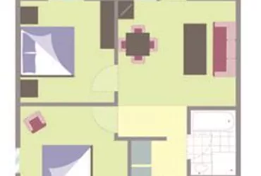 Eine einfache Grundrisszeichnung einer Wohnung mit zwei Schlafzimmern und einem Wohnzimmer. Es gibt auch eine Terrasse und ein Badezimmer.