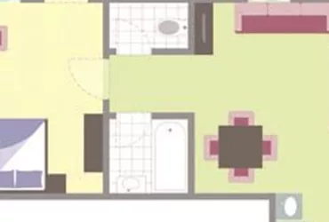 Eine einfache Wohnungsgrundriss mit einem Schlafzimmer, Wohnzimmer und Badezimmer. Der Balkon ist ebenfalls eingezeichnet.