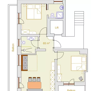 An apartment with two bedrooms, a living room, and a balcony. The area is 65 m².