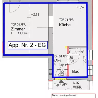 The graphic shows a floor plan of an apartment with various rooms. On display are a bedroom, a kitchen, and a bathroom in a compact layout.