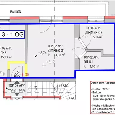 A floor plan drawing of an apartment on the first floor. It shows the rooms kitchen, room, and bathroom as well as the balcony with a view.