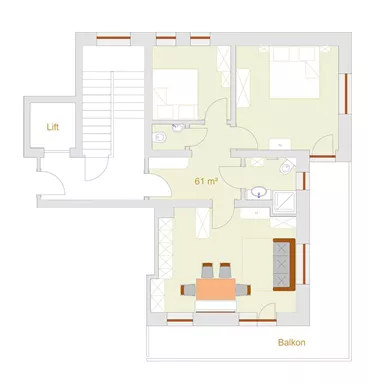 An overview of a floor plan for an apartment measuring 61 m². The apartment includes a living room, a bedroom, a kitchen, and a balcony.