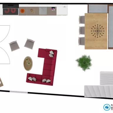 A living space layout with a red couch, a wooden table, and several chairs. The kitchen is arranged in the left corner with modern appliances.