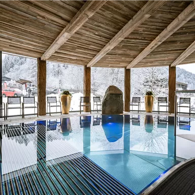 Ein moderner Wellnessbereich mit einem Pool und großen Fenstern. Draussen ist eine verschneite Landschaft zu sehen.