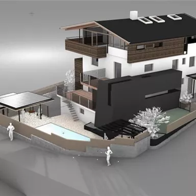 A modern house with two floors and a flat roof. In the outdoor area, there is a pool and a covered terrace.