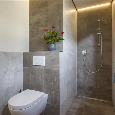 Ein modernes Badezimmer mit einer Dusche und einer Toilette. Es gibt grüne Pflanzen und farbige Handtücher.