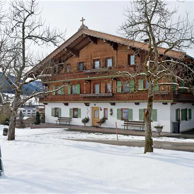 A traditional wooden-clad house in alpine style. It stands in a snowy environment with bare trees.