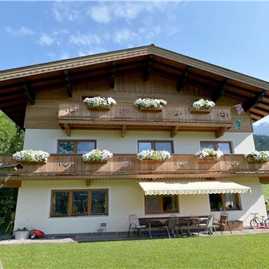 A two-story traditional house with wooden decorations and blooming balcony boxes. In the foreground, there is a swing and there is a wide view of the green meadow.