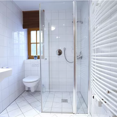 A modern bathroom with a glass shower and white tiles. The room also features a toilet bowl and a towel radiator.