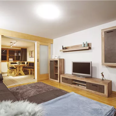 A bright and modern apartment with a cozy living room. The space is well furnished with a sofa, a television, and a wooden shelf.
