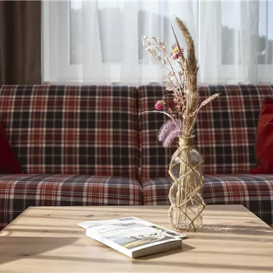 Ein gemütliches Wohnzimmer mit einem karierten Sofa und roten Kissen. Auf dem Tisch steht eine Vase mit getrockneten Blumen und einem Buch.