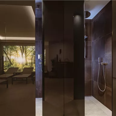 Ein eleganter Wellnessbereich mit einer modernen Dusche und bequemen Liegen. Das sanfte Licht und das grüne Wandbild schaffen eine entspannende Atmosphäre.