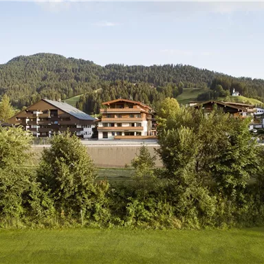 Eine malerische Landschaft mit grünen Wiesen und dichten Bäumen. Im Hintergrund sind charmante Häuser und sanfte Hügel zu sehen.