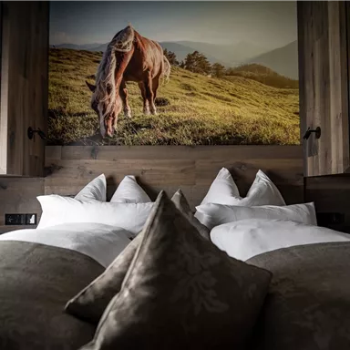 Ein gemütliches Schlafzimmer mit zwei Betten und vielen Kissen. An der Wand hängt ein Bild eines Pferdes auf einer grünen Wiese.
