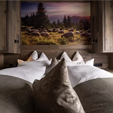 Ein einladendes Schlafzimmer mit einem Holzinterieur und bequemen Kissen. Im Hintergrund ist ein landschaftliches Bild mit Bäumen und Wiesen zu sehen.