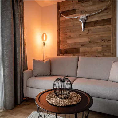 Ein modernes Wohnzimmer mit einem grauen Sofa und einem runden Couchtisch. An der Wand befindet sich ein dekoratives Holzpaneel mit einem Geweih.