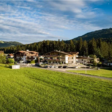 A picturesque village surrounded by green meadows and mountains. The buildings are harmoniously integrated into the landscape.