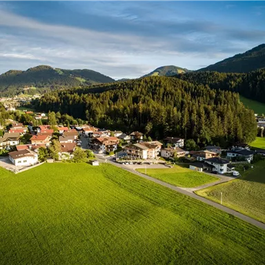 An idyllic landscape with a small village, surrounded by green meadows and mountains. The sky is clear and nature appears peaceful.