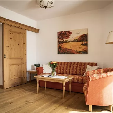 A cozy living room with an orange sofa and an armchair. A picture with autumn colors hangs on the wall, and the floor is made of light wood.