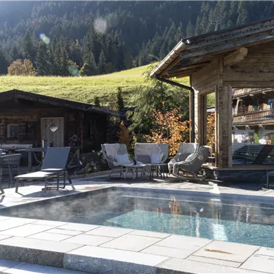 A beautiful outdoor area with a pool and loungers. In the background, wooden huts and green meadows can be seen.
