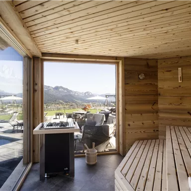 A modern sauna interior with wooden paneling and a view of the mountains. Outside, there is a pool and a tranquil landscape visible.