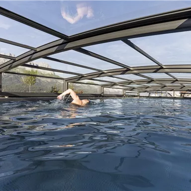 A swimmer in the indoor pool under a glass roof. In the background, mountains and trees can be seen.