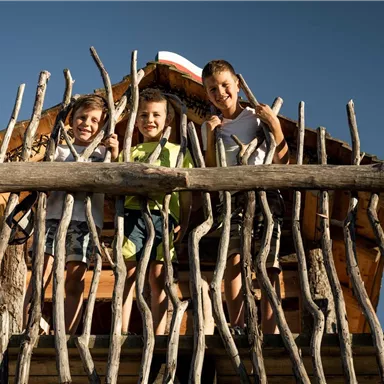 Three children are standing on a wooden platform and smiling happily. In the background, a clear blue sky is visible.