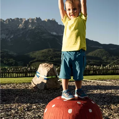 A cheerful boy stands on a large, red mushroom in a play area. In the background, there are mountains and a blue sky.