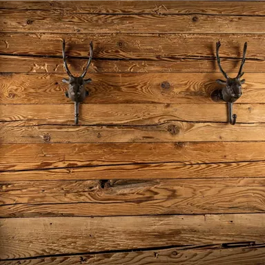 A rustic wooden wall with two antlers as wall hooks. The natural grain of the wood gives the environment a warm charm.