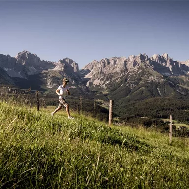 A runner jogs on a green meadow in front of an impressive mountain landscape. The sky is clear, and nature seems inviting.