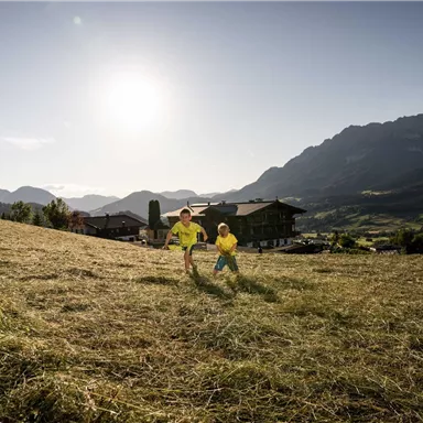 Two children are happily running in a green meadow under the sun. In the background, mountains and a small house can be seen.