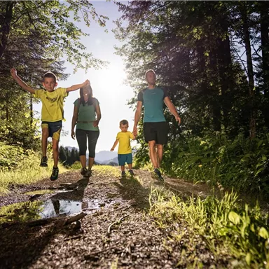 A family with two children is happily walking on a narrow forest path. The sun is shining through the trees, creating a relaxed atmosphere.