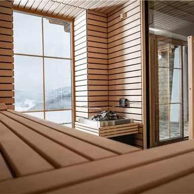 A modern sauna with wooden paneling and large windows. The atmosphere is warm and inviting, perfect for relaxing.