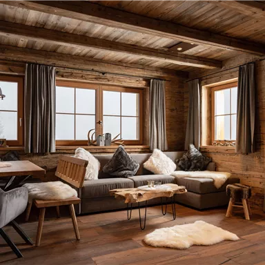 A cozy living space with wood paneling and large windows. The furnishings consist of a comfortable couch, a dining area, and rustic details.