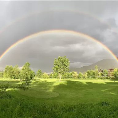 A double rainbow over a green meadow. In the background, mountains and gray clouds can be seen.
