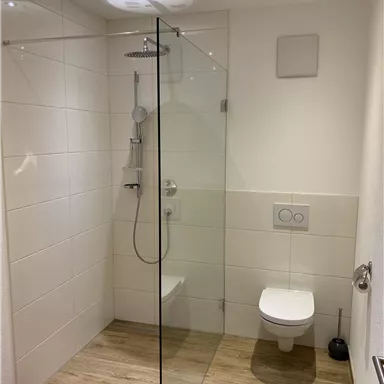 A modern bathroom with a glass shower and elegant furnishings. The floor is made of wood, and a red bath towel lies on the floor.