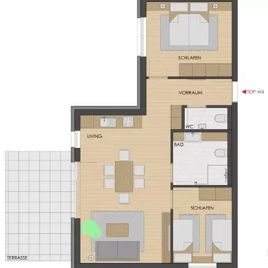 A floor plan sketch of an apartment with several rooms. The rooms include a living room, bedroom, bathroom, and toilette.