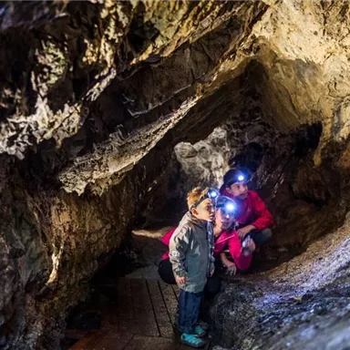 A group of people is exploring a dark cave with flashlights. The rocks are uneven and shimmer in the light of the lamps.