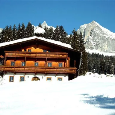 A cozy wooden house in the snow, surrounded by tall fir trees. Majestic mountains can be seen in the background.